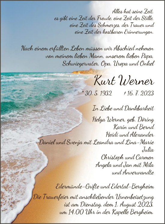 Traueranzeige von Kurt Werner von WLZ