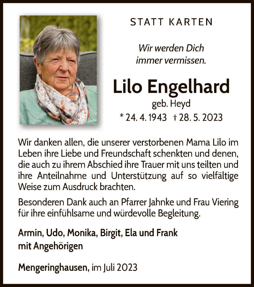  Traueranzeige für Lilo Engelhard vom 08.07.2023 aus WLZ
