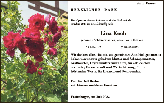 Traueranzeige von Lina Koch von WLZ