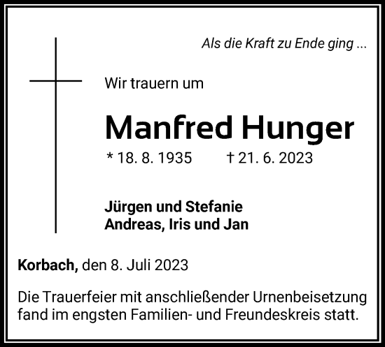 Traueranzeige von Manfred Hunger von WLZ