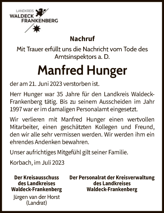 Traueranzeige von Manfred Hunger von WLZ
