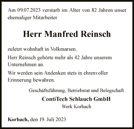 Traueranzeige von Manfred Reinsch von WLZ