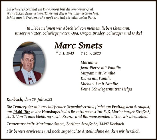 Traueranzeige von Marc Smets von WLZ