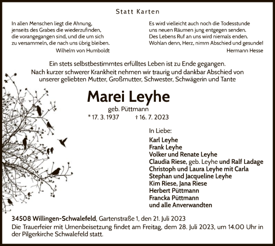 Traueranzeige von Marei Leyhe von WLZ