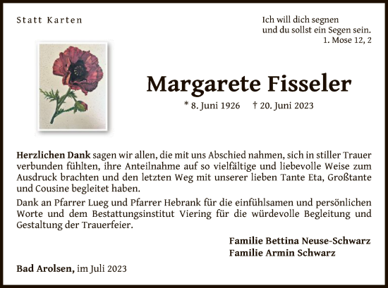 Traueranzeige von Margarete Fisseler von WLZ