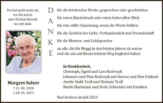 Traueranzeige von Margret Selzer von WLZ