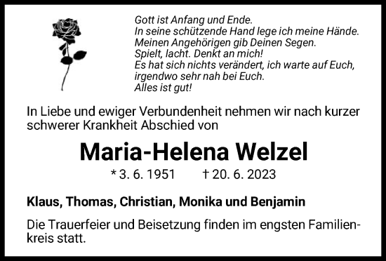 Traueranzeige von Maria-Helena Welzel von WLZ