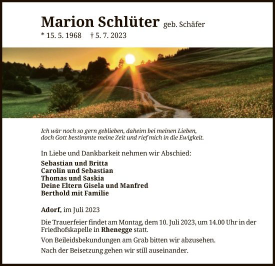 Traueranzeige von Marion Schlüter von WLZ