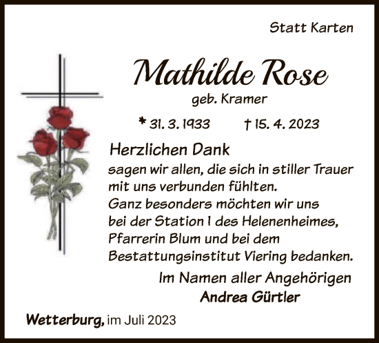 Traueranzeige von Matttilde Rose von WLZ