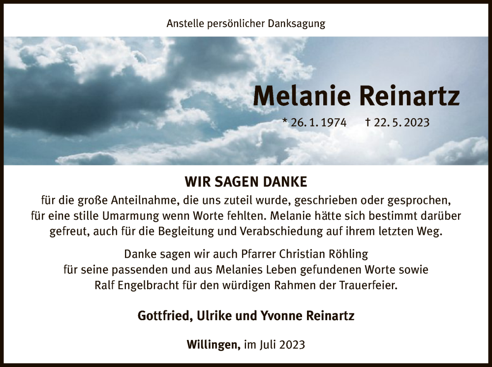  Traueranzeige für Melanie Reinartz vom 01.07.2023 aus WLZ