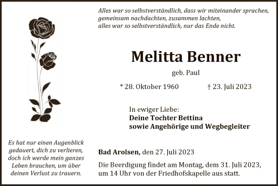 Traueranzeige von Melitta Benner von WLZ