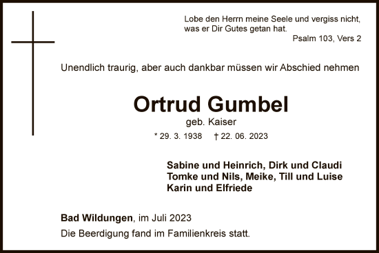 Traueranzeige von Ortrud Gumbel von WLZ