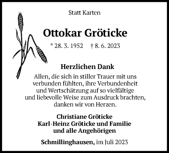 Traueranzeige von Ottokar Gröticke von WLZ