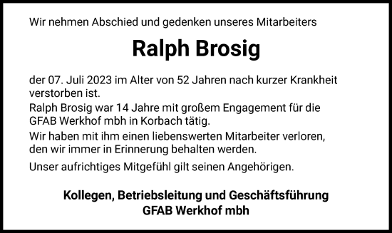 Traueranzeige von Ralph Brosig von WLZ