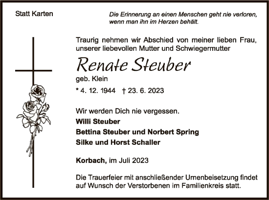 Traueranzeige von Renate Steuber von WLZ