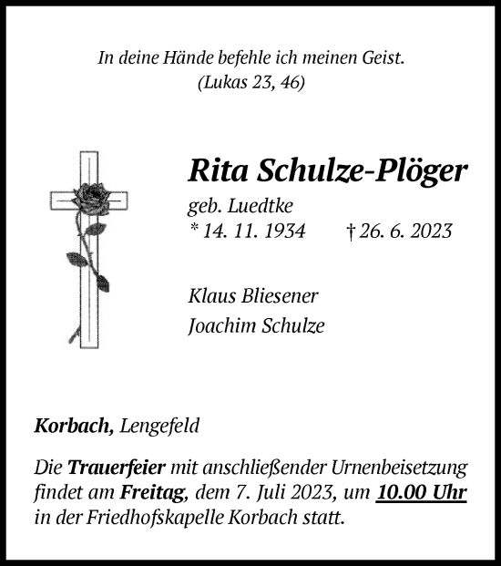 Traueranzeige von Rita Schulze-Plöger von WLZ