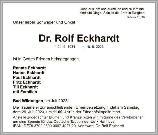 Traueranzeige von Rolf Eckhardt von WLZ