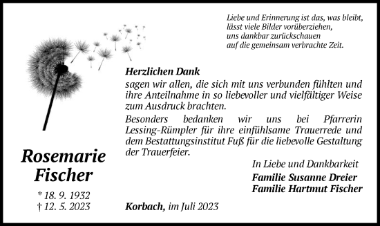 Traueranzeige von Rosemarie Fischer von WLZ