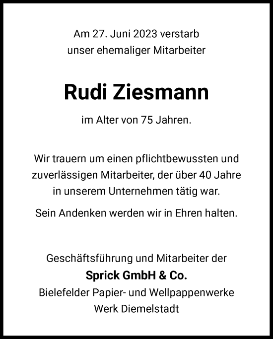Traueranzeige von Rudi Ziesmann von WLZ