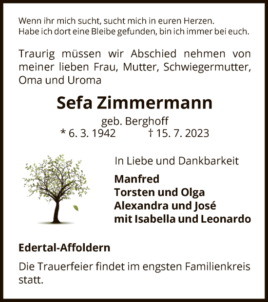 Traueranzeige von Sefa Zimmermann von WLZ