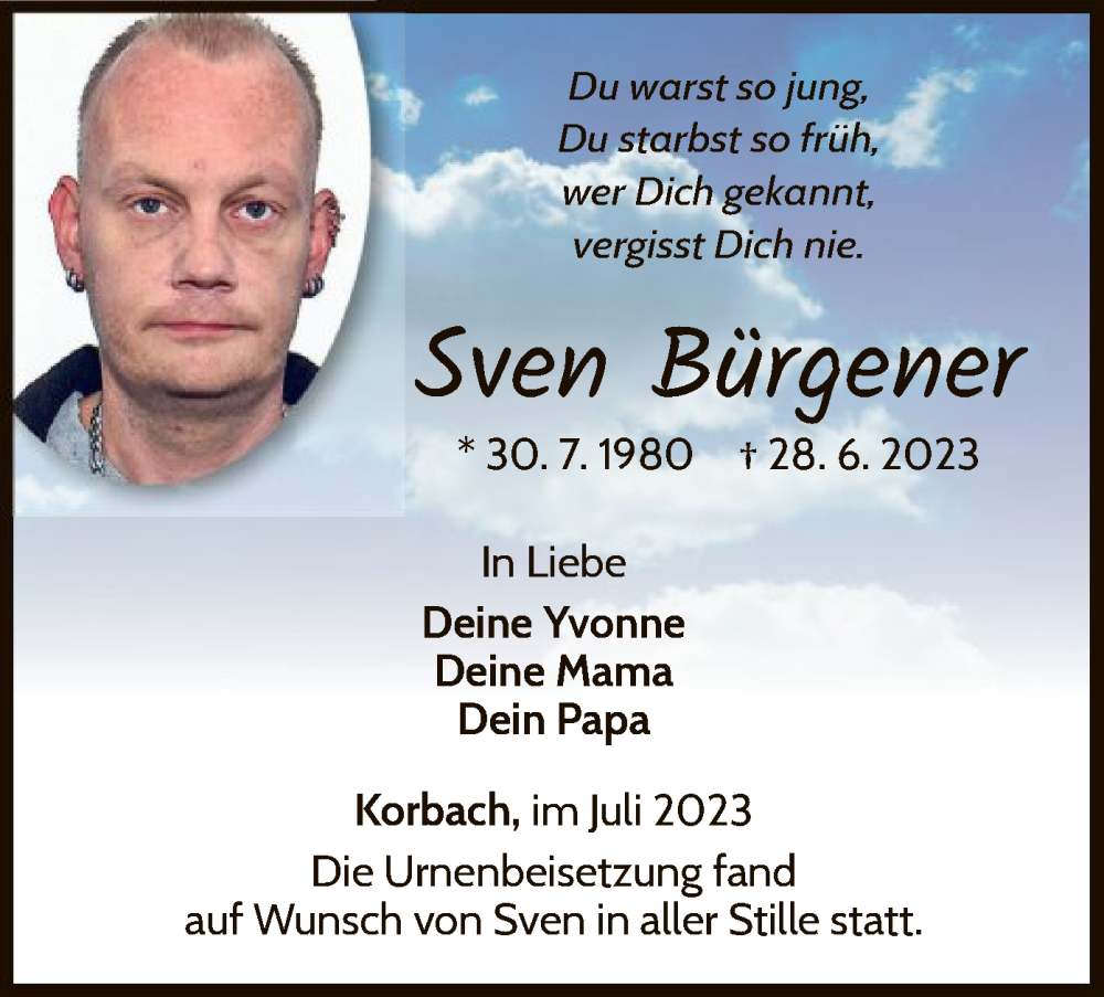  Traueranzeige für Sven Bürgener vom 15.07.2023 aus WLZ