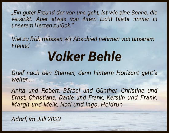 Traueranzeige von Volker Behle von WLZ