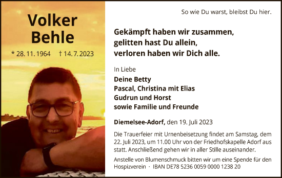 Traueranzeige von Volker Behle von WLZ