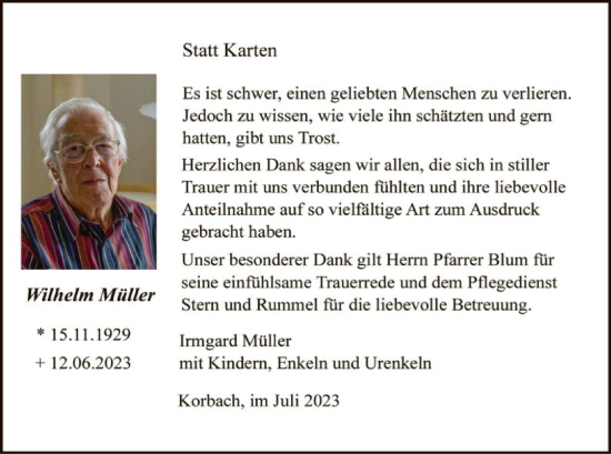 Traueranzeige von Wilhelm Müller von WLZ