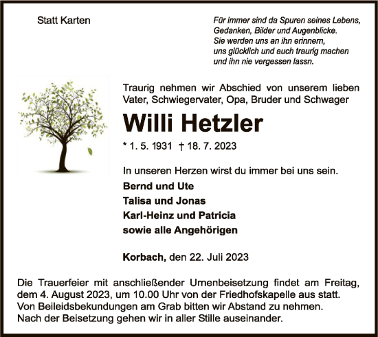 Traueranzeige von Willi Hetzler von WLZ