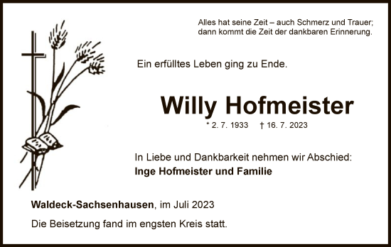 Traueranzeige von Willy Hofmeister von WLZ