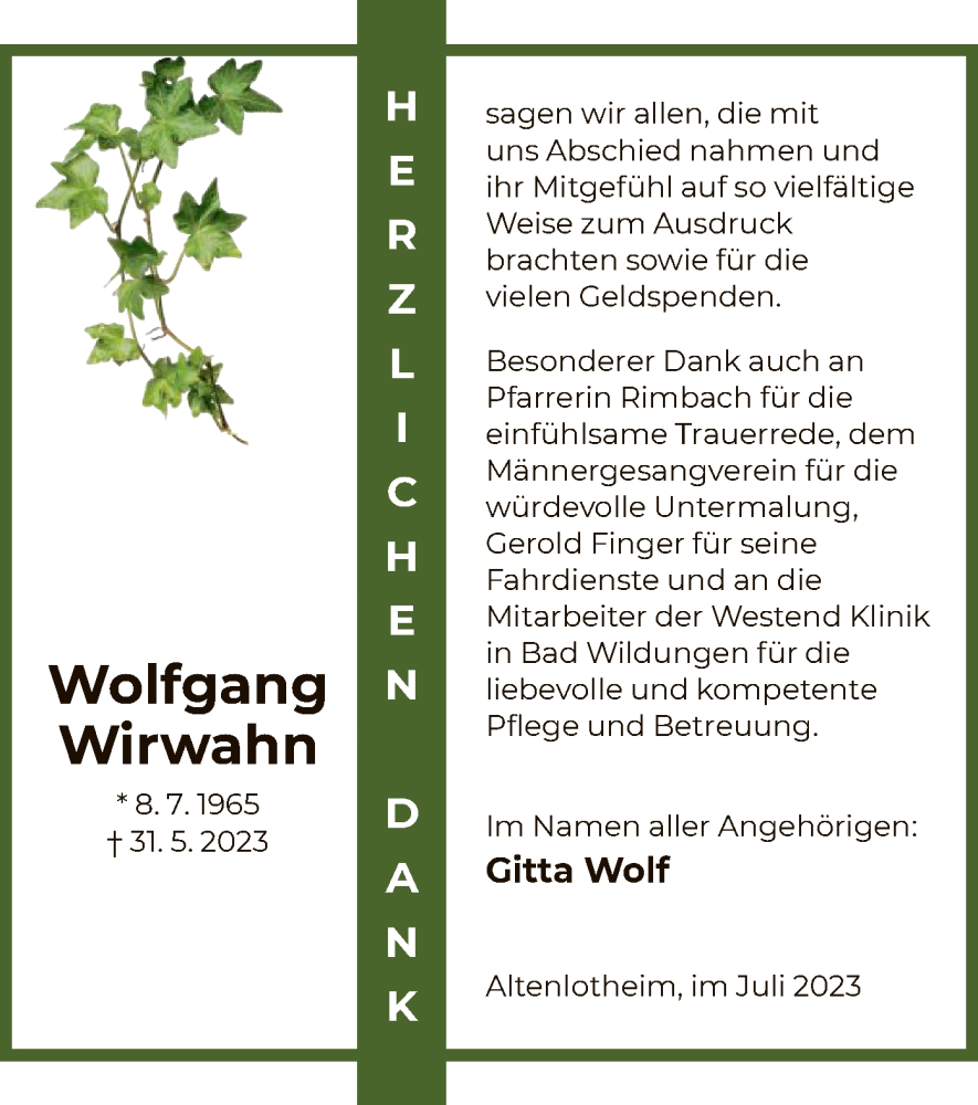  Traueranzeige für Wolfgang Wirwahn vom 22.07.2023 aus HNA