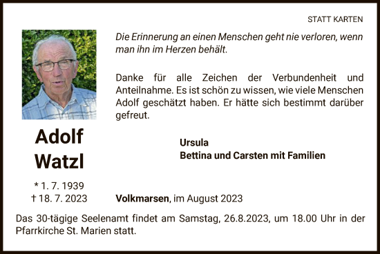 Traueranzeige von Adolf Watzl von WLZ
