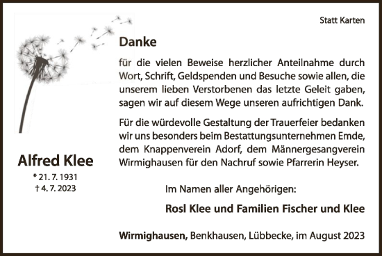 Traueranzeige von Alfred Klee von WLZ