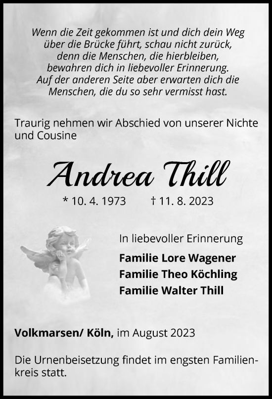 Traueranzeige von Andrea Thill von WLZ