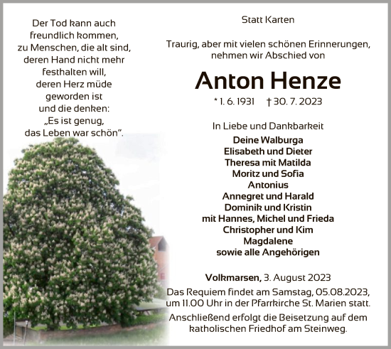 Traueranzeige von Anton Henze von WLZ