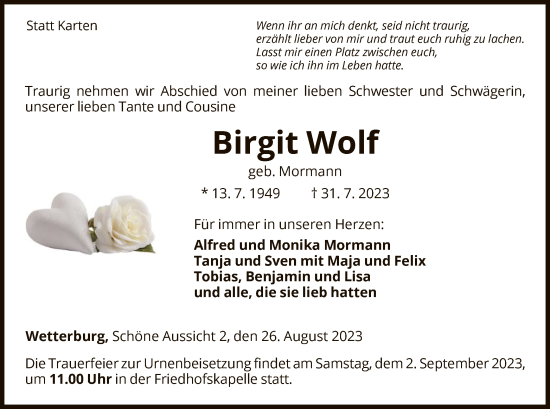 Traueranzeige von Birgit Wolf von WLZ