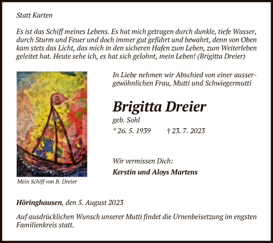 Traueranzeige von Brigitta Dreier von WLZ