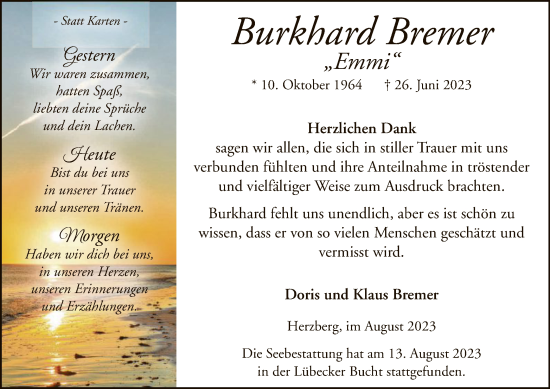 Traueranzeige von Burkhard Bremer von WLZ