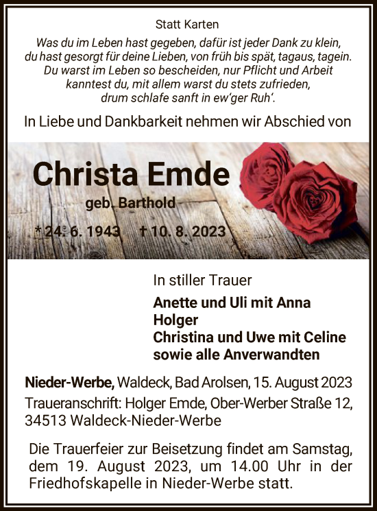 Traueranzeige von Christa Emde von WLZ