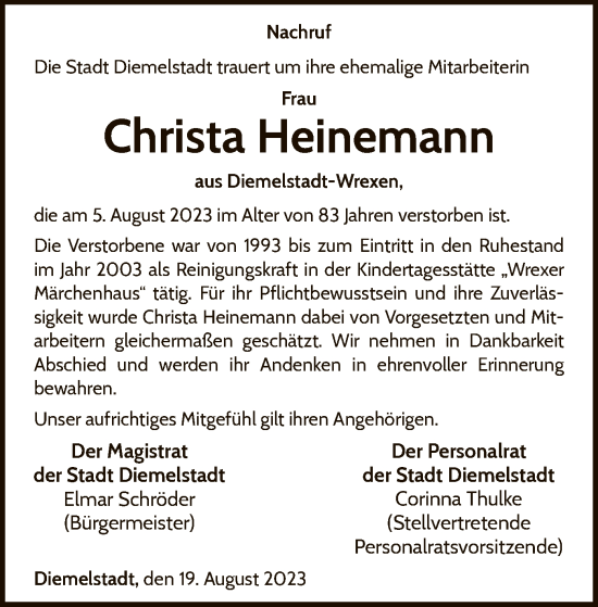 Traueranzeige von Christa Heinemann von WLZ