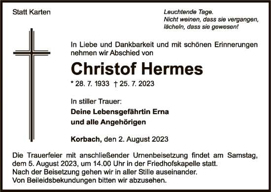 Traueranzeige von Christof Hermes von WLZ