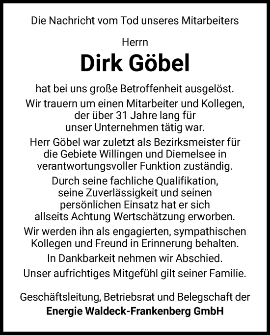 Traueranzeige von Dirk Göbel von WLZ