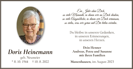 Traueranzeige von Doris Heinemann von WLZ