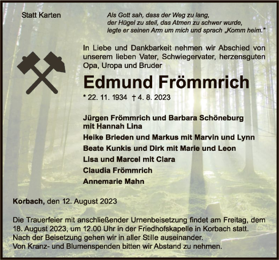 Traueranzeige von Edmund Frömmrich von WLZ