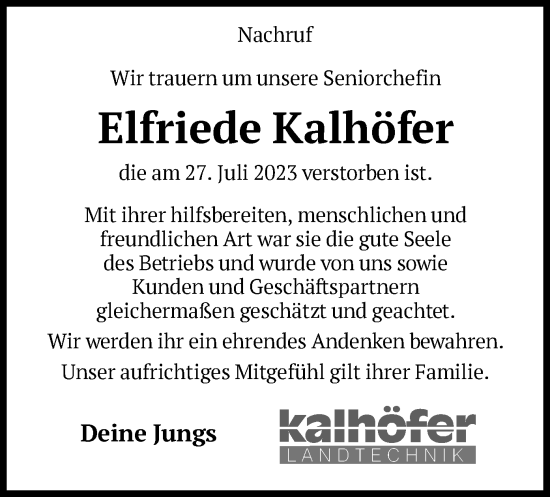 Traueranzeige von Elfriede Kalhöfer von WLZ