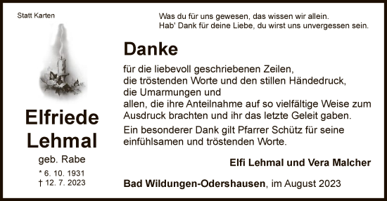 Traueranzeige von Elfriede Lehmal von WLZ