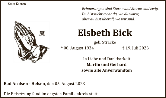 Traueranzeige von Elsbeth Bick von WLZ
