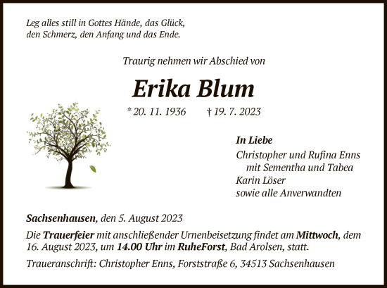 Traueranzeige von Erika Blum von WLZ