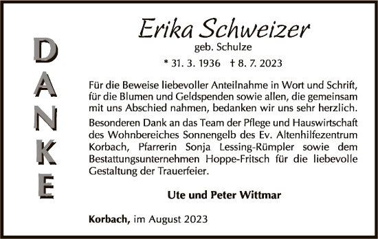 Traueranzeige von Erika Schweizer von WLZ