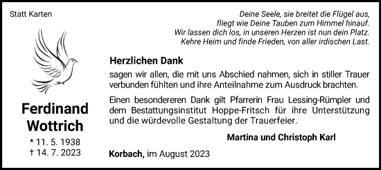 Traueranzeige von Ferdinand Wottrich von WLZ